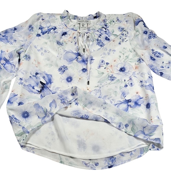 Rachel Zoe XS Floral Blouse Sheer Long Balloon Sleeve Ruffle Neck Tie Top Nwot - Picture 9 of 9
